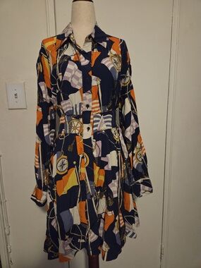 Anthropologie Navy Multicolor Nautical Print Long-Sleeve Shirt Dress